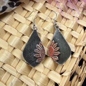 Sunflower Accent Drop Earrings - Silver with Copper Detail